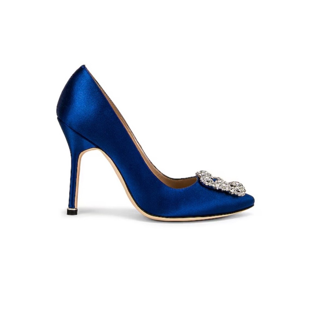 Manolo Blahnik Blue Stiletto Heels with Crystal Embellishments